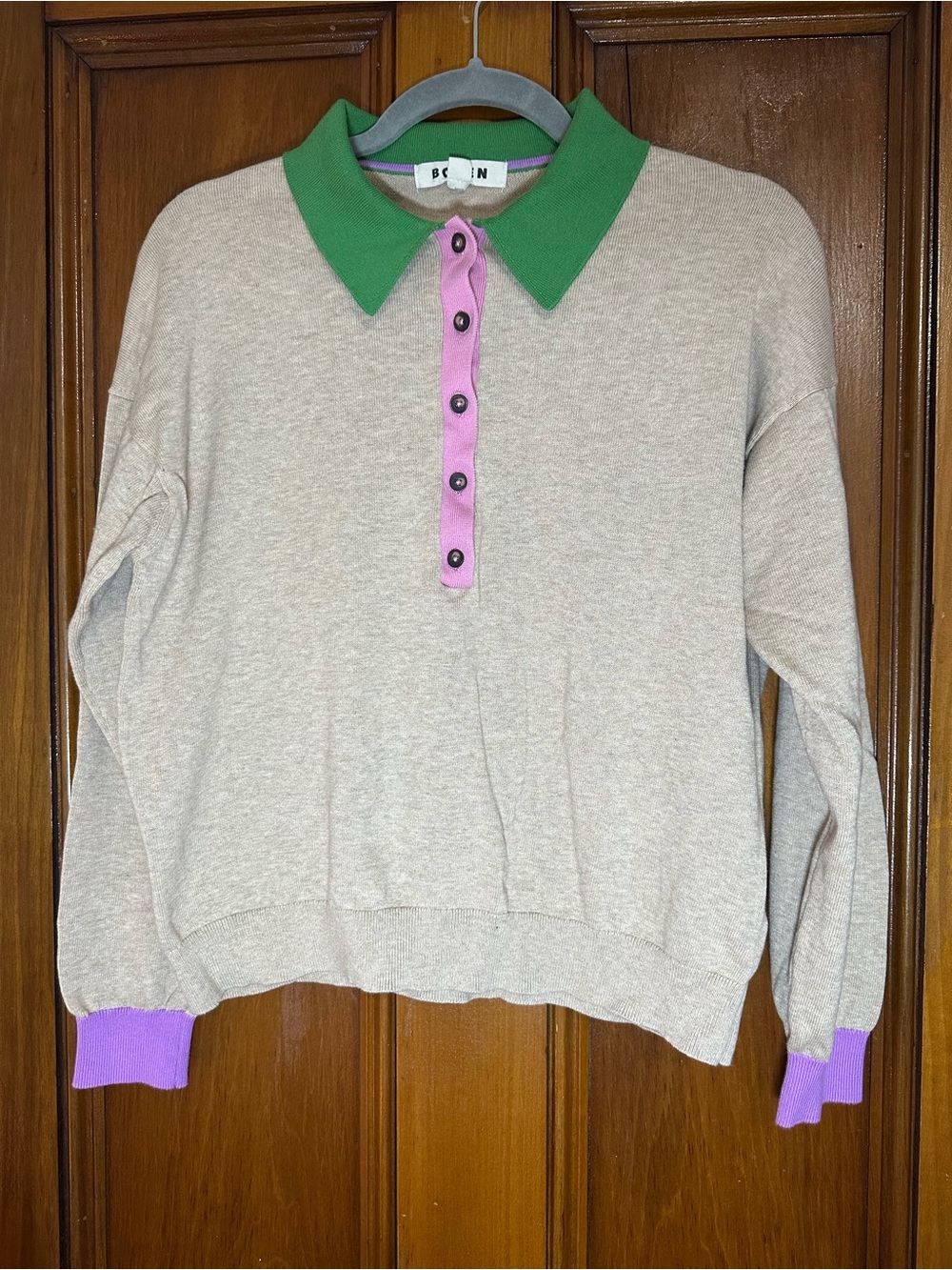Boden Lara Relaxed Cotton Henley Sweater Beige Green Pink 100% Cotton